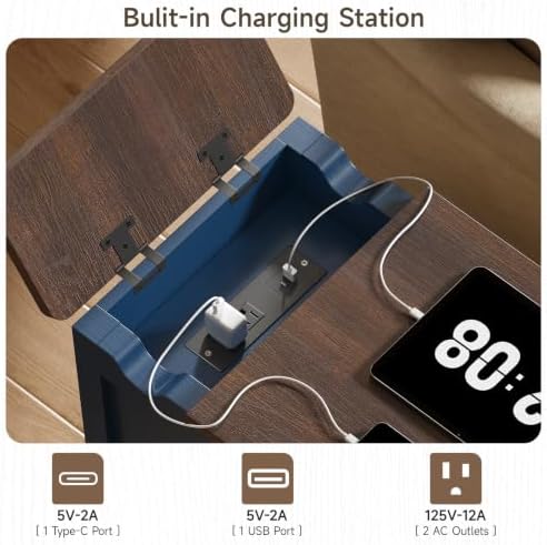 ONBRILL Farmhouse End Table with Charging Station,Blue