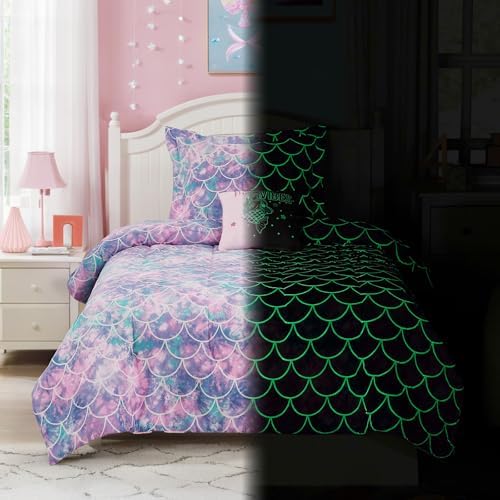 Full Size Comforter Sets for Girl-4 Pieces Mermaid Glow in the Dark Bedding