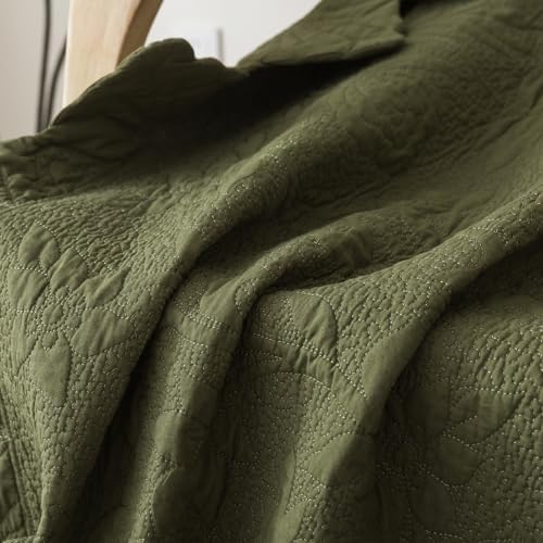 Brandream Olive Green Scalloped Quilt Cotton 47 X 60 Inch Quilted Throw Blanket for Bed Couch Daybed Decorative Throw Blankets