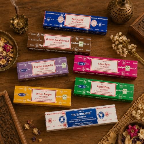 Satya Incense Sticks Gift Set, 7, Scents Nag Champa, Patchouli, The Eliminater, Divine Temple, Love Spell, Golden Sandalwood, English Lavender, 15 g Each (Oriental Mix)