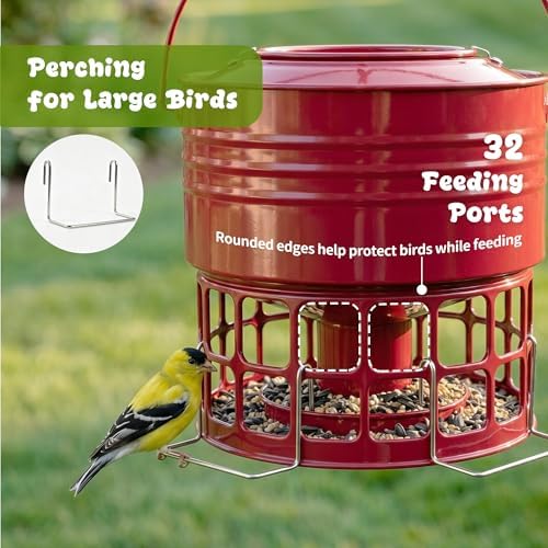 KOL 8-10LBS Squirrel Proof Wild Metal Bird Feeder, 32 Feeding Holes, Red