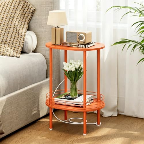 Small Oval Side Table with Charging Station, 2-Tier Orange Round End Table
