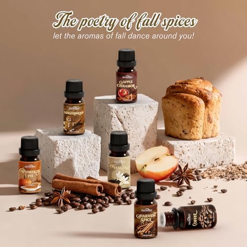 Spice Essential Oils for Diffuser for Home, Fall Scents Oil Set - Apple Cinnamon, Pumpkin Pie, Gingerbread, Coffee, Vanilla, Harvest Spice, Autumn Fragrance Oils for Candle & Soap