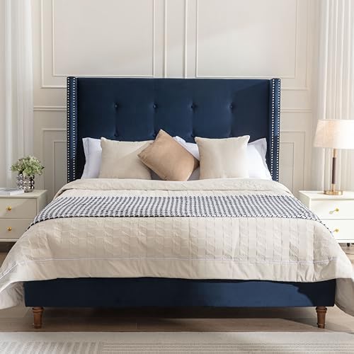 Queen Upholstered Bed Frame with 54" Wingback Tall Headboard Blue