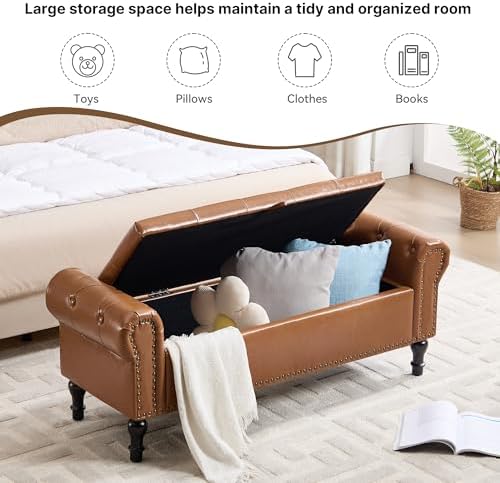 Storage Bench for Bedroom, 51" Upholstered End of Bed Bench, Faux Leather Queen Size Benches with Rolled Arms, Tufted Button Storage Long Ottoman, Living Room, Entryway, Brown