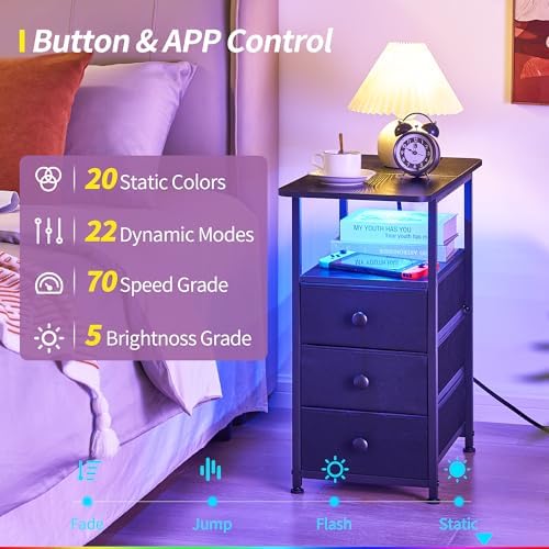 DALEMHOME Narrow End Table with Charging Station, Narrow Side Table with 3 Fabric Drawers, Slim Nightstand with LED Light, Small Bedside Table with Storage, Living Room, Bedroom, Black HKET1303BK