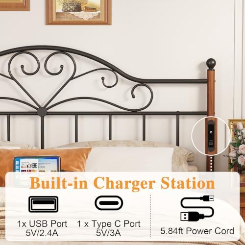 King Size Headboard with Charger Stations, Vintage Metal Headboard Only