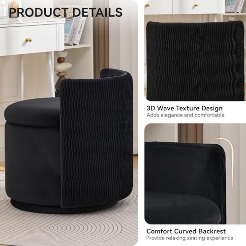 WUTUTUEE Large Velvet Vanity Chair with Storage, 360° Swivel Makeup Chair with Wave Back, No Assembly Small Accent Stool for Bedroom, Dressing, Living Room, Black
