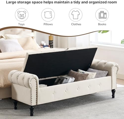 Storage Bench 67" Linen End of Bed Benches Beige