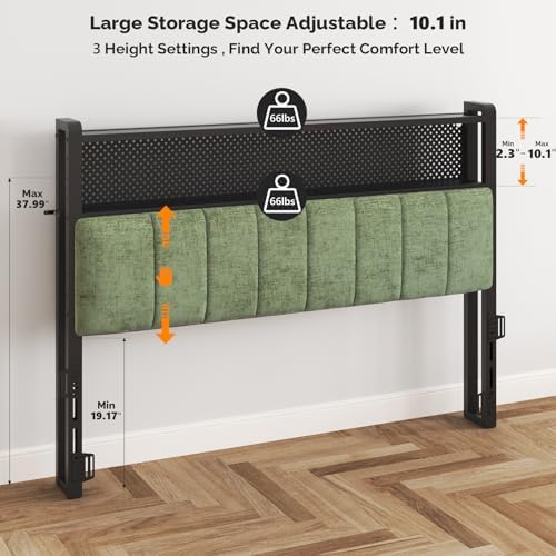 VINGLI Chenille Green Queen Size Headboard for Bed with Storage Bookcase, Upholstered Head Board with Charging Stations and LED Lights, 2 Tier Shelves and Pegboard,Height Adjustable