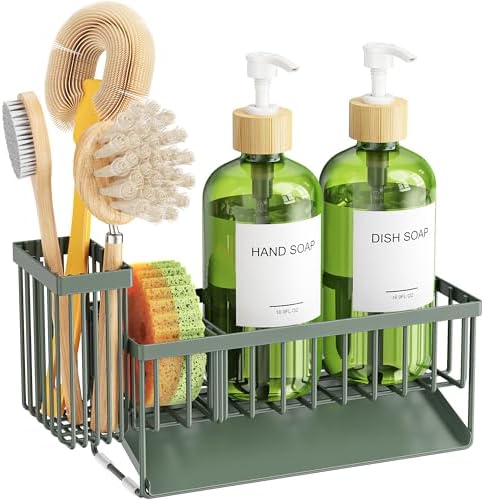 Cisily Kitchen Dish Soap Dispenser Set with 2 Pack 16.9oz Amber Glass Bottle and Sponge Holder, Dish Soap Dispensers with Adjustable Sponge Holder, Vintage Hand and Dish Soap Dispensers Set