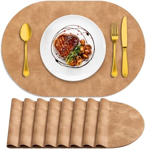 ADRIMER Oval Placemats Set of 8, Wipeable Faux Leather, Camel