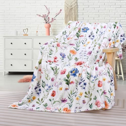 Floral Blanket Colorful Plants Wildflowers Throw Blanket Botanical Flowers Printed Blankets Soft Cozy Flannel Fleece Bed Blankets for Couch Sofa Bed Lounging
