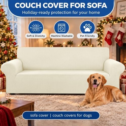 KEKUOU Stretch Couch Covers for Sofa, 3 Cushion Couch Slipcover,Beige