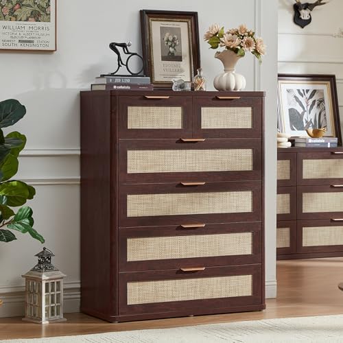 LEYAOYAO Dresser for Bedroom, 41" Tall Chest of Drawers, Modern 6 Drawers Boho Rattan Dressers with Storage, Dresser Wooden Closet Organizer for Living Room, Hallway