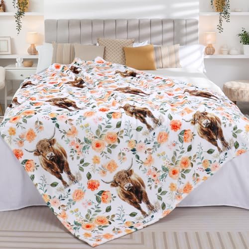 Highland Cow Blanket Watercolor Flower Throw Blanket Fall Farmhouse Plush Throw Blankets Rustic Cow Fleece Blankets Ultra Soft Cozy Blankets for Couch Bed Sofa 60 x 80 Inch