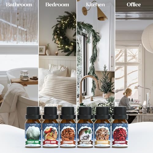 SoulOrigin Winter Essential Oils Set, Fragrance Oil Gift Set for Oil Diffusers, Scented Oils for Soap 6x10ml - Forest Pine, Spiced Apple Cider, Cinnamon, Mint Hot Chocolate, Gingerbread, and Cranberry