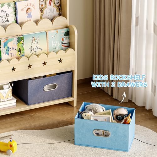 EXPERLAM 2-in-1 Kids Bookshelf with Toy Storage Drawers, Scalloped Montessori Bookcase Front Facing for Toddlers, Solid Wood Book Display & Organizer for Nursery, Playroom, Bedroom & Classroom