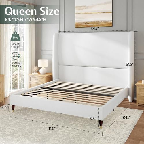 Jocisland Bed Frame Queen Size Tall Wingback Headboard Upholstered, White