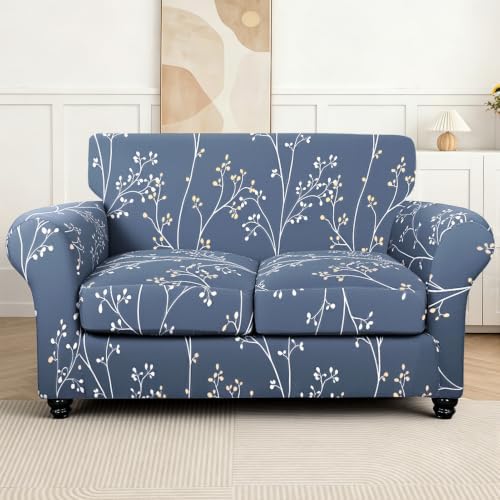 SearchI Stretch Sofa Cover Printed Couch Cover, Floral Pattern 3 Pieces Loveseat Slipcover with 2 Separate Cushion Cover, Washable Furniture Protector for Living Room(Loveseat, Gray Blue)