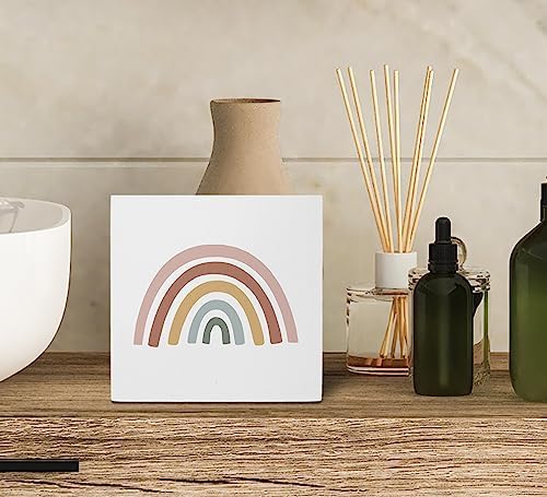 Boho Rainbow Desk Decor, Bohemian Rainbow Wood Box Sign Wood Block Plaque Decor for Home Girls Kids Room Bathroom Nursery Classroom Wall Desk Shelf Decoration