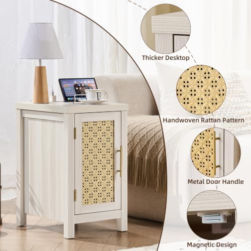 YUFAM Rattan Nightstand Set of 2 with Charging Station, Grey