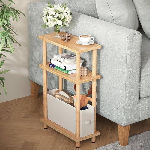 Apicizon Narrow Side Table with Fabric Basket, 3-Tier End Table, Natural