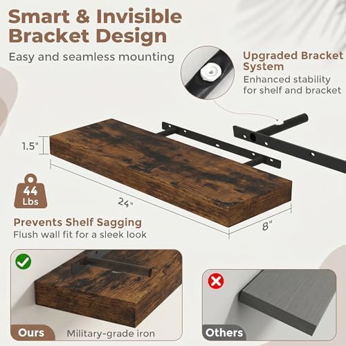 24 Inch Floating Shelves for Wall, 8"D Wood Storage Shelves, Brown Finish