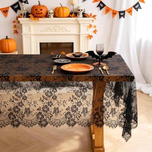 Black Lace Tablecloths 60x120 Inches Rustic Sheer Rectangle Wedding Overlay
