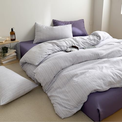 Cottage Lilac Striped Twin Duvet Cover Vintage Textured Bedding Set 3-Piece