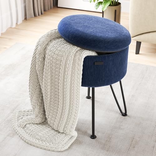 Round Ottoman with Storage, Textured Velvet Storage Ottoman, Foot Stool Ottomans, Makeup Vanity Stool, Small Ottomans Foot Rest, Modern Vanity Stools for Living Room and Bedroom, Blue
