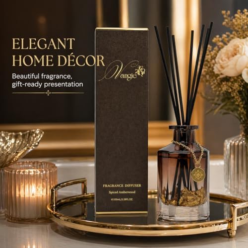 VANGIE Luxury Reed Diffuser for Home | Spiced Amberwood Warm & Woody Scent | Elegant Glass Bottle with Gold Flakes | Long-Lasting, Vegan | Bedroom, Living Room & Office