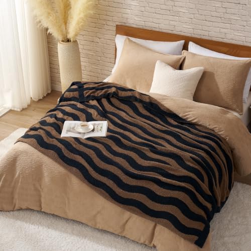 Snuggle Sac Wave Stripe Throw Blanket for Couch, Fuzzy Microfiber Blankets, Throws for Girls Daughter Gifts for Kid, Wave Chocolate Brown, 60x80 inches