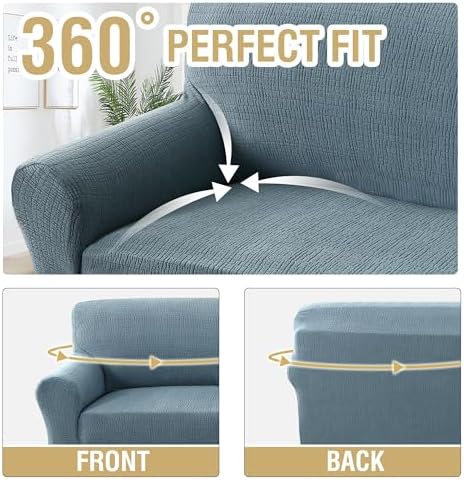 H.VERSAILTEX Jacquard Sofa Slipcover with Waterproof Seat Furniture Protector 1 Piece Stretch Sofa Covers with Elastic Bottom for Kids, Pets, Dog(Loveseat, Stone Blue)