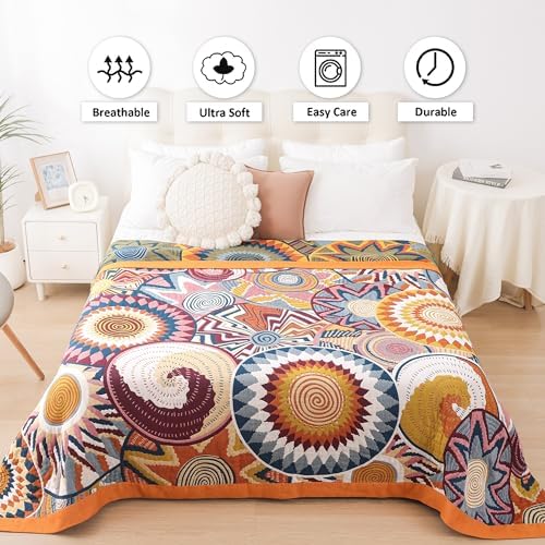 VANJOROY Boho Throw Blanket, 100% Organic Muslin Cotton Skin-friendly Breathable Ultra Soft Bed Quilt Throw - All Season Bohemian Decor Luxury Colorful Blanket for Sofa Couch Chair and Gift. 80" x 90"