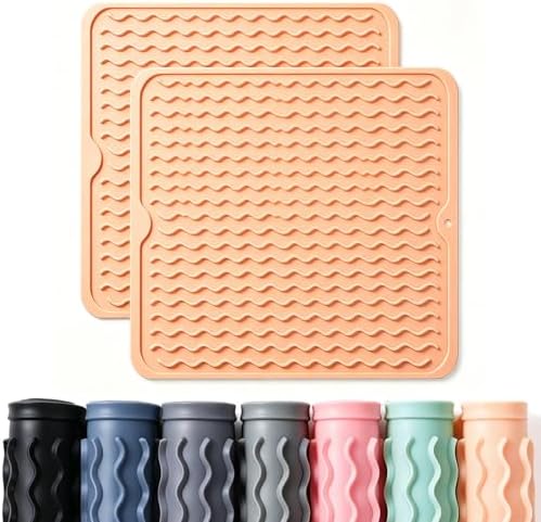 2 Pack Caketime Silicone Dish Drying Mat for Kitchen Counter Waterproof Place mats Sink Protector Stove Top Organizer Cooking Appliance Storage Vanity Trays Dryer Rack Drainers Items 12"x12" Beige