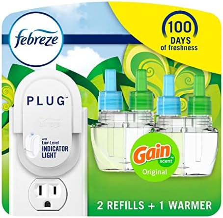 Febreze Plug-In Air Freshener, Odor-Fighting Scented Oil Starter Kit, Air Fresheners for Home, Bathroom and Kitchen, Long Lasting for Strong Odors, Gain Original Scent, Warmer + 2 Refill, Multicolor