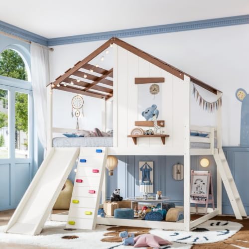 Full Size House Bunk Bed with Convertible Slide & Ladder, Beige
