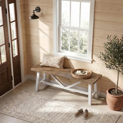 Wnutrees 43" Farmhouse Solid Wood Bench, Narrow Long Seat, White