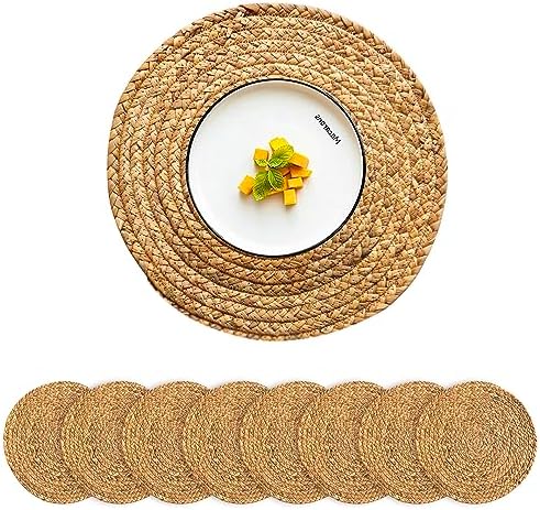 Round Placemats Set of 8 Natural Woven Rattan Placemats, Braided Boho Farmhouse Place Mats Heat Resistant Dining Table Mats Straw Placemat Wicker Outdoor Placemat for Patio Table 13.4''