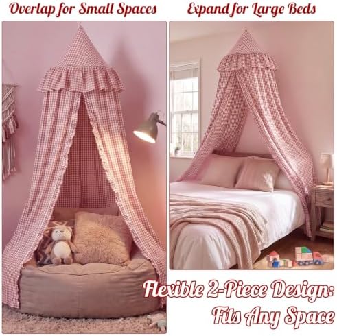 SmoothNovelty Gingham Plaid Bed Canopy, Pink White, Round