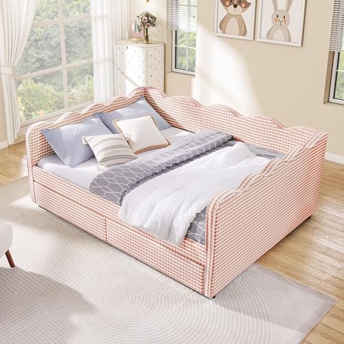 Queen Size Daybed with Storage Drawers, Linen Gingham Daybed with USB Ports & Wave Shaped, Upholstered Day Bed Frame, Modern Sofa Bed for Living Room/Bedroom/Guest Room, No Box Spring Needed, Pink