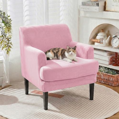 Mid-Century Accent Chair Covers with Cushion Cover Velvet 2 Pieces Upholstered Armchair Slipcovers for Living Room Comfy Sofa Reading Furniture Protector for Apartment Bedroom Office (Pink)