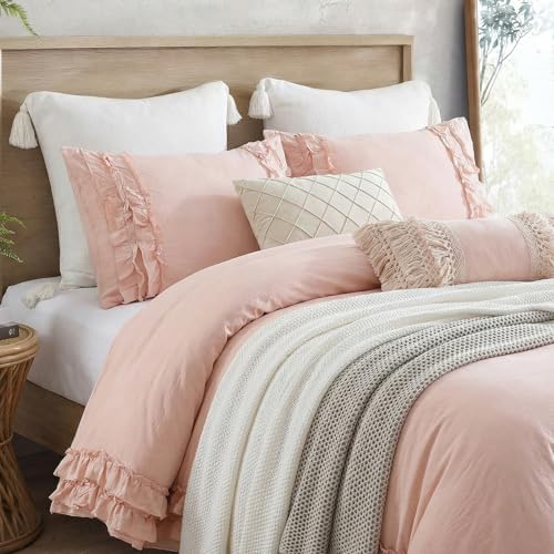 Pink Ruffled Duvet Cover Girls Coquette Bedding Set Cute Lace Fringe Ruffle Bedding Shabby Chic Farmhouse Style Super Soft Cozy Elegant Cover Cover Set King Size