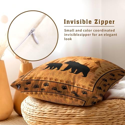 Bear Throw Pillow Covers 22x22 Inch Set of 2 Retro Brown Mountain Decorative Pillowcase Rustic Cabin Bear Hunting Animal Paw Prints Decorative Cotton Cushion Case for Home Sofa Bedroom