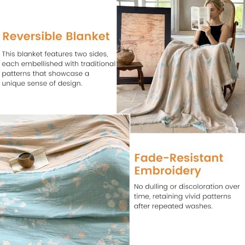 FALUCA Muslin Cotton Throw Blanket Boho Floral Jacquard with Fringe, 50 * 60 Foliage Pattern, Reversible Soft Breathable Cover for Couch Sofa Bedroom Vintage Farmhouse Home Decorative, Beige&Blue