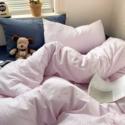mixinni Pink White Striped Duvet Cover King Size, 3-Piece Washed Microfiber Vintage Striped Bedding Set, Soft Aesthetic Stripe Pattern Duvet Cover with Zipper Closure & Corner Ties for Women Girls