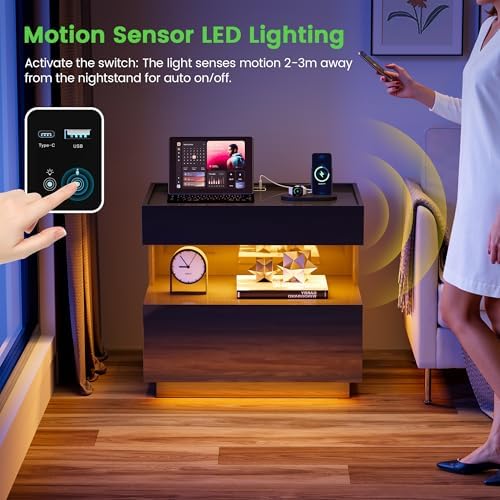 HNEBC Black LED Nightstand with Gun Drawers&USB-C Port&Lights for Bedroom