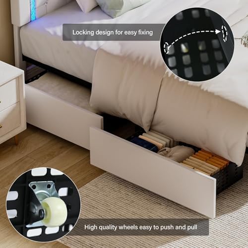 Queen Bed Frame with LED Lights, Upholstered Bed Frame with Storage Drawers