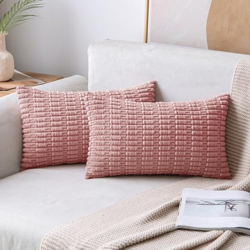 MIULEE Lumbar Corduroy Decorative Throw Pillow Covers 12x20 Blush Pink